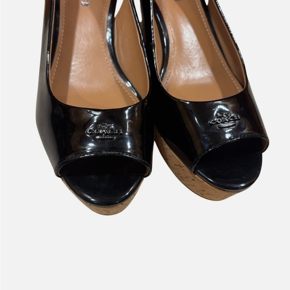 NWOB Coach Ferry Black Patent Leather Peek A Boo Toe Slingback Cork Wedges 8.5B - Picture 2 of 10